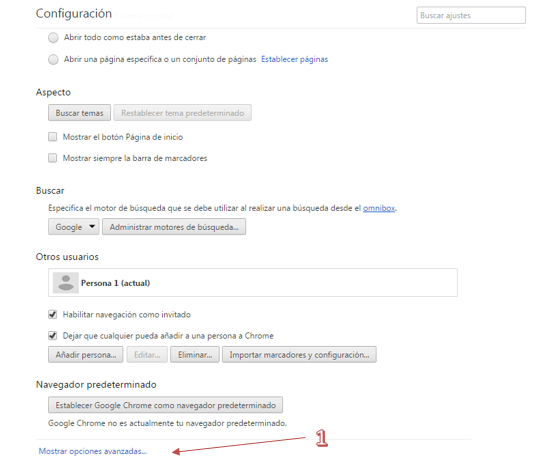 Opciones avanzadas Chrome